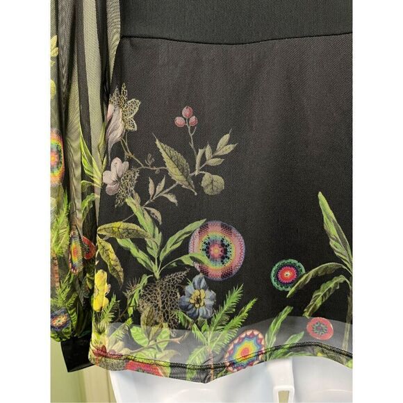 Desigual Black V-Neck Sheer Floral Overlay w/rhinestones Party Blouse XS - Picture 6 of 9